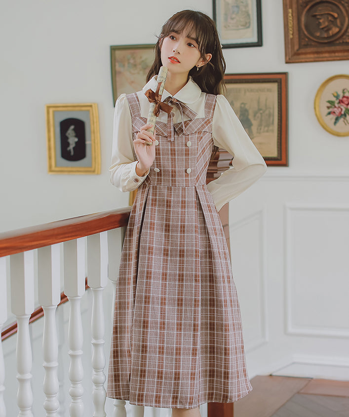 Cocoa Plaid Twofer Midi Dress (Cream/Brown)