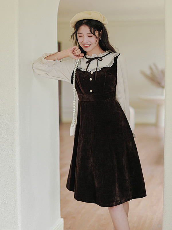 Frilly High Neck Corduroy Sweater Dress (2 Colors)