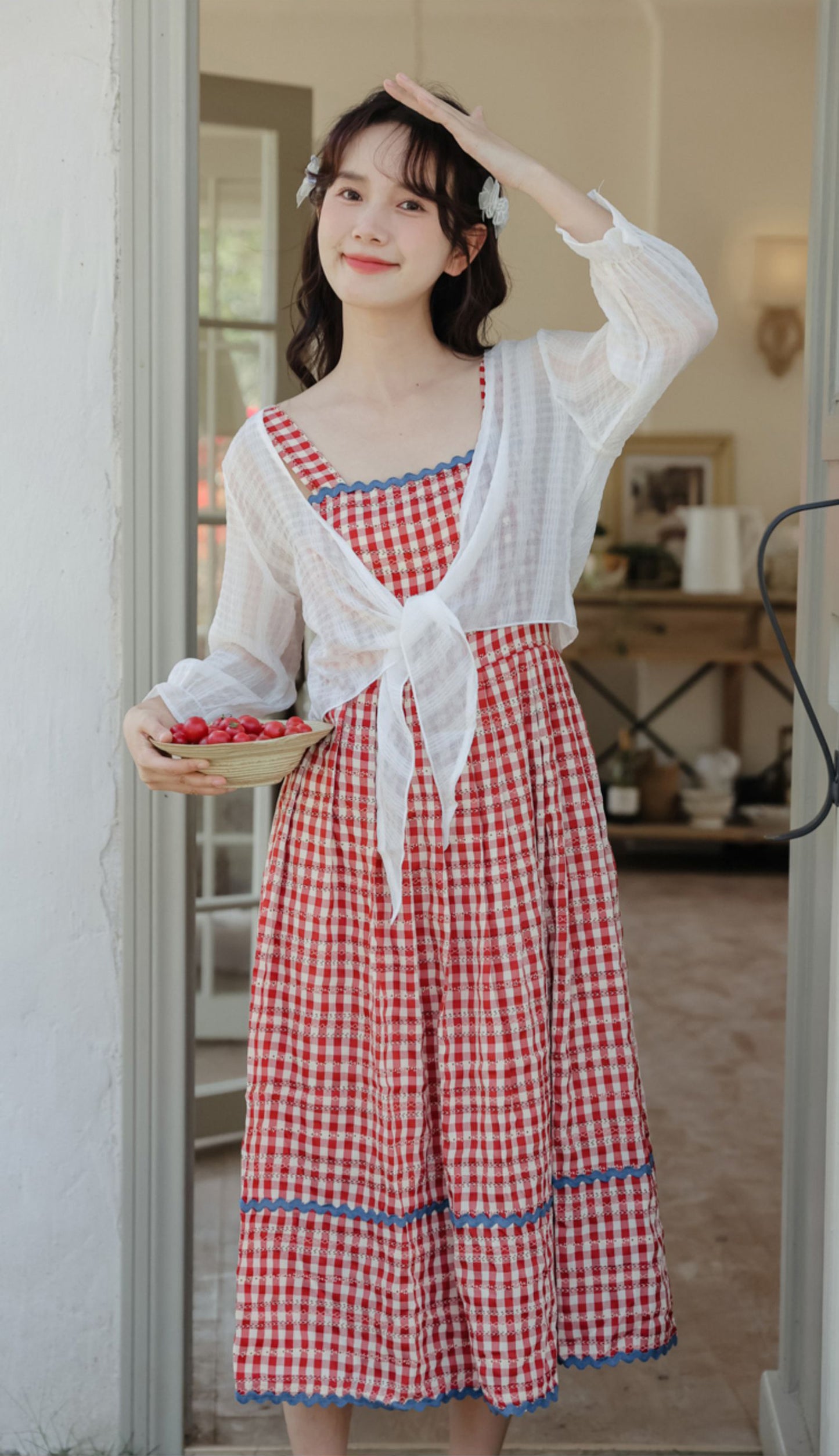 Daisy Chain Gingham Midi Dress (Red)