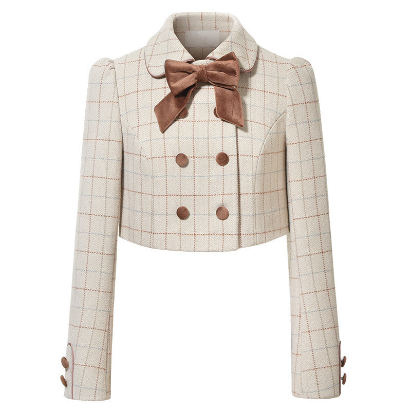 Megoosta Fashion Milky Plaid Tweed Cropped Jacket (Cream/Brown) S
