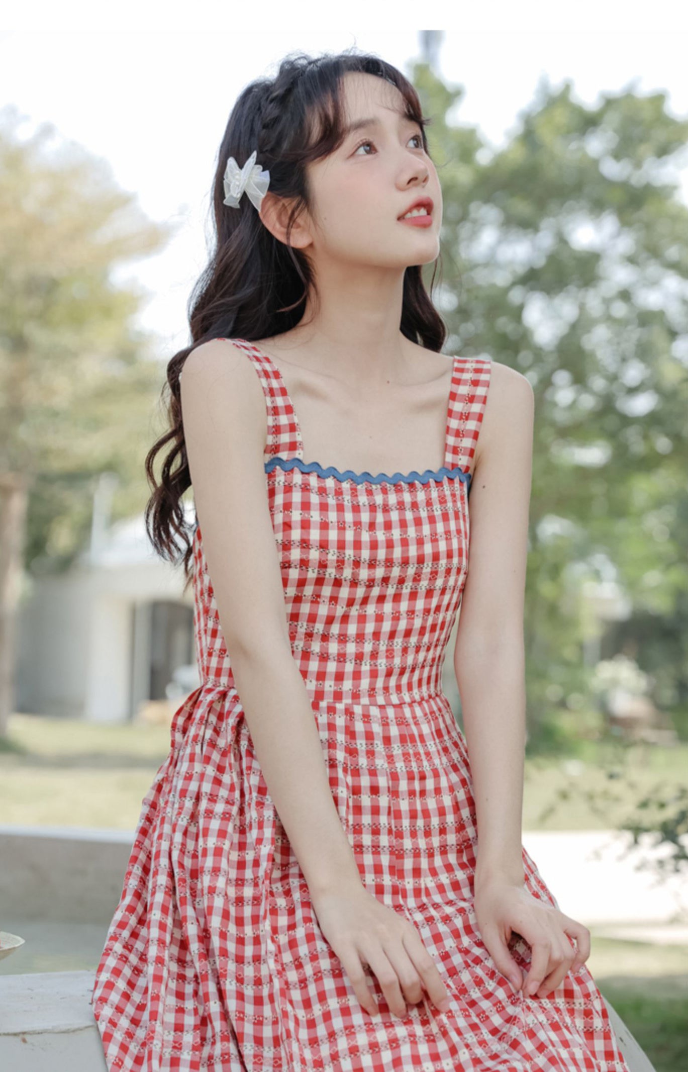 Daisy Chain Gingham Midi Dress (Red)