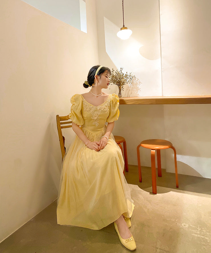 Belle Satin Puff Sleeve Maxi Dress (Yellow)