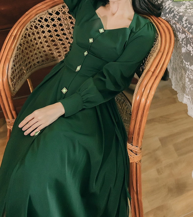 Emerald Button Midi Dress (Hunter Green)