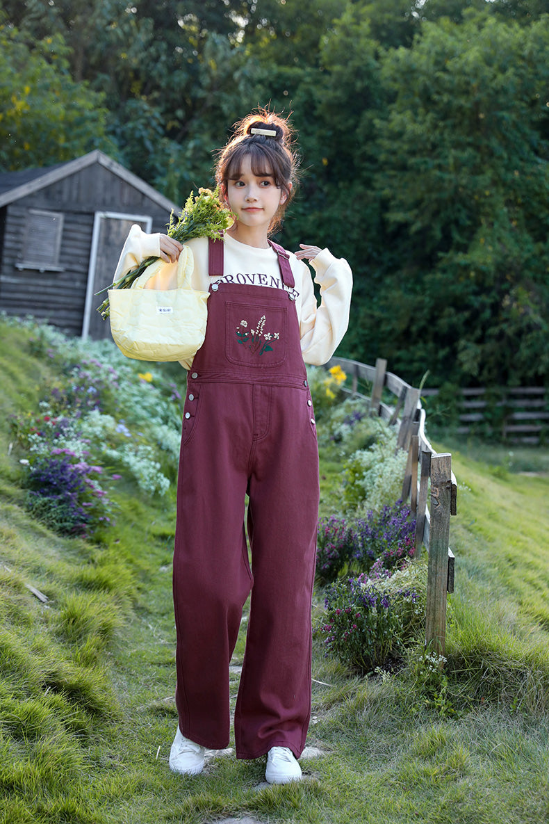 Wildflower Embroidered Overalls (Berry)