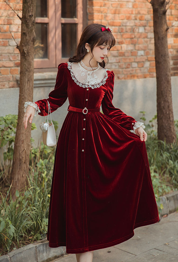 Velvet Lace Midi Dress (Red) – Megoosta Fashion