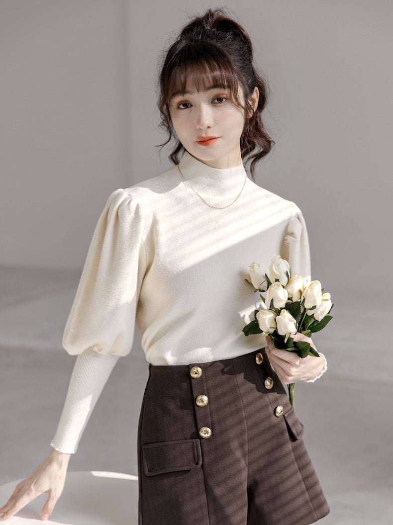 Puff Sleeve High Neck Sweater (Cream)