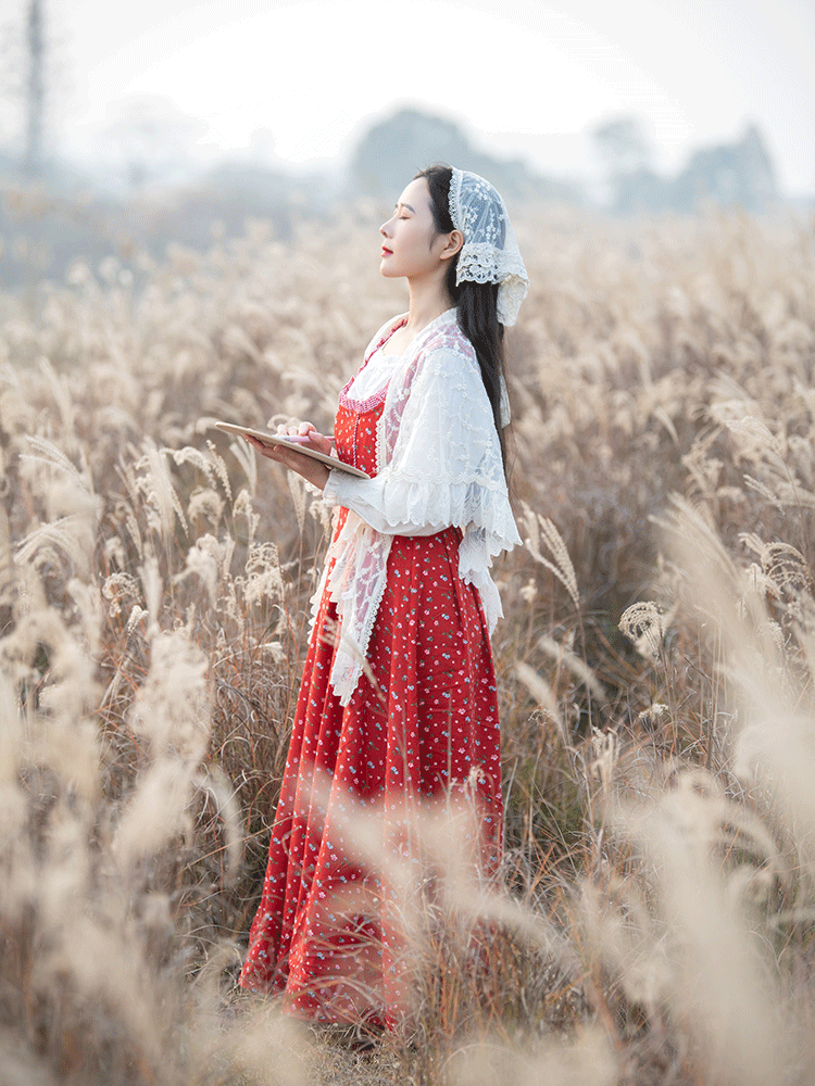 Floral Gingham Folk Dress (Red/White)