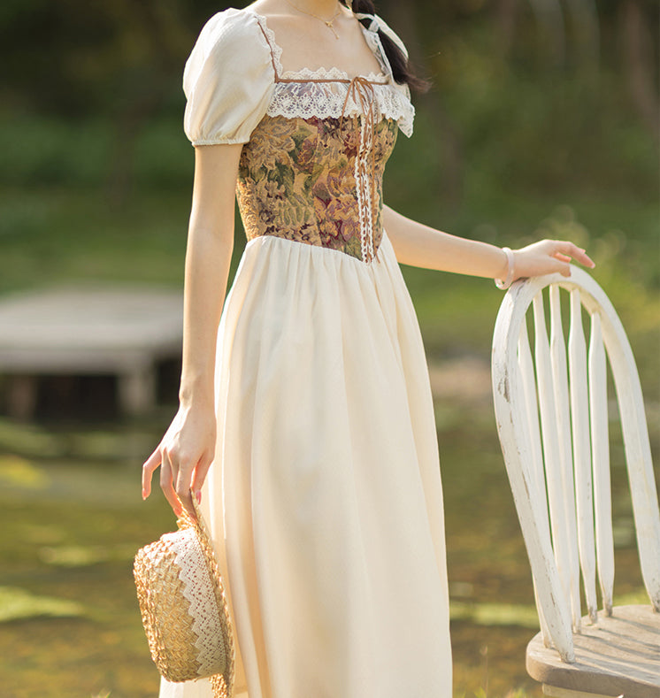 Rustic Floral Countryside Midi Dress (Cream)