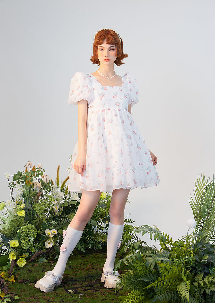 Strawberry Bunny Tiered Dress (White)