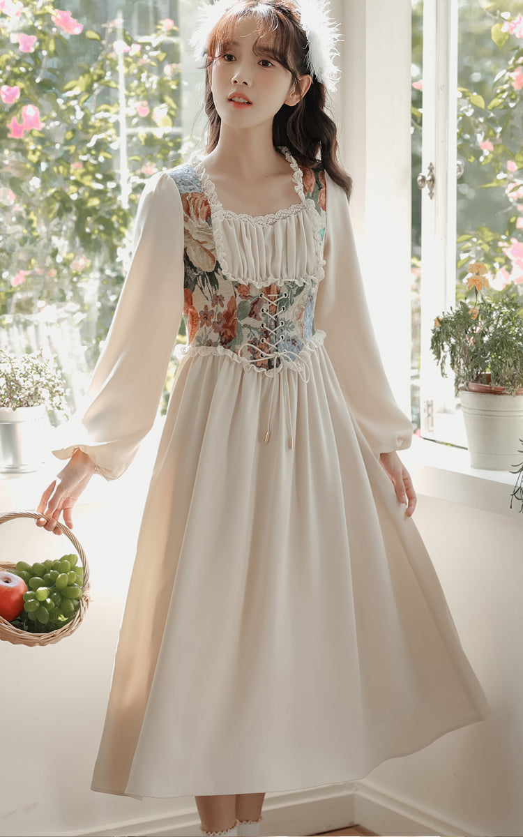 Floral Tapestry Jacquard Corset Dress (White) Chiffon / M Floral Tapestry Jacquard Corset Dress (White) Chiffon / M