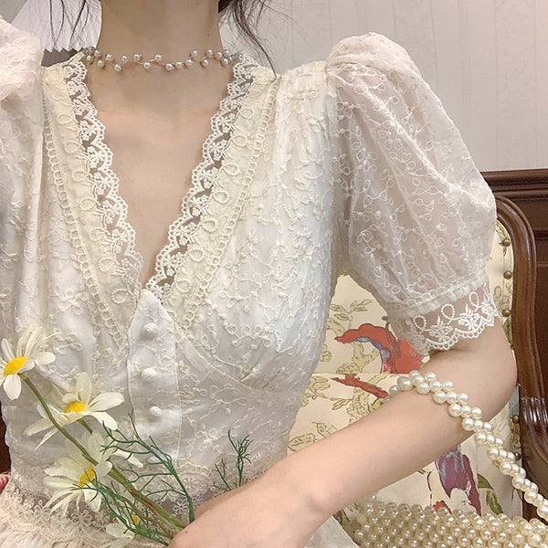 Dobby Floral Lace Midi Dress (Cream) – Megoosta Fashion