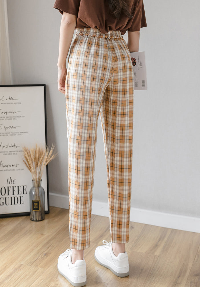 Women's Brown Plaid Pants with Belt
