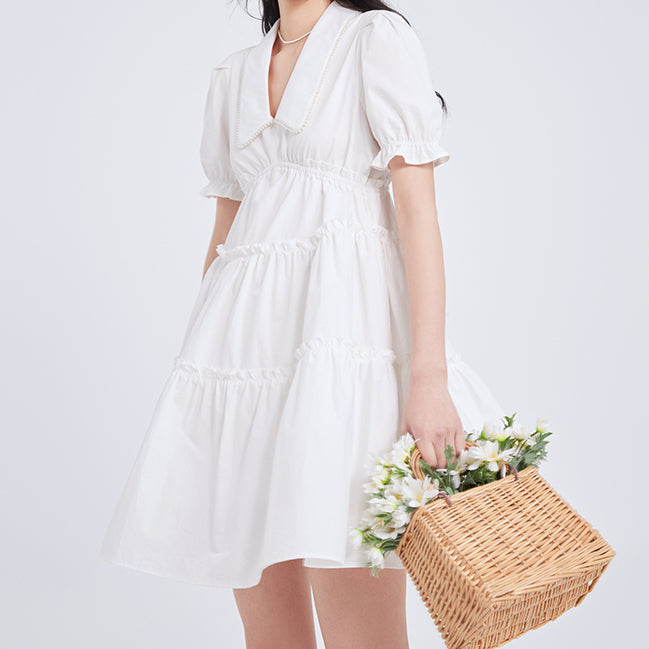 Peter Pan Collar Tiered Dress (White)