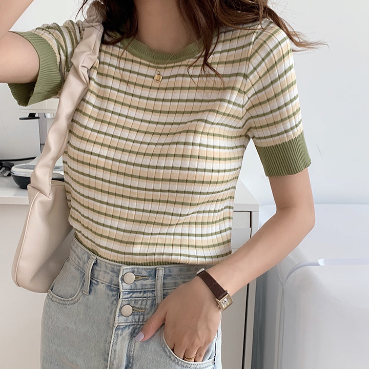 Short Sleeve Stripe Sweater (4 Colors)