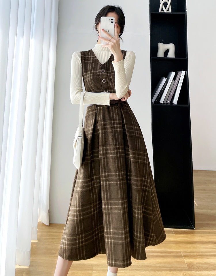 Coffee Plaid Midi Pinafore Dress (Brown)
