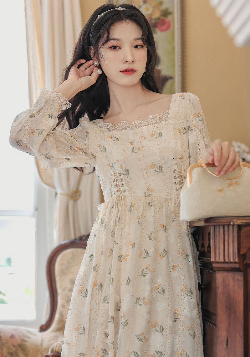 Flower Blossom Lace Up Midi Dress (Cream) L Flower Blossom Lace Up Midi Dress (Cream) L