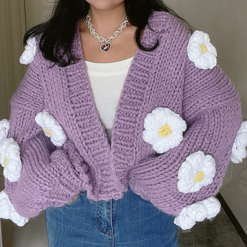 Chunky Daisy Cropped Cardigan (Purple)