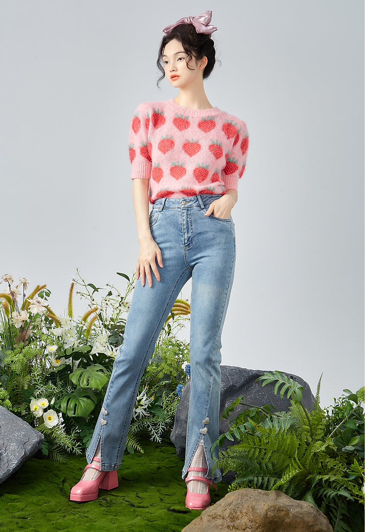 Strawberry Short Sleeve Sweater (Pink)