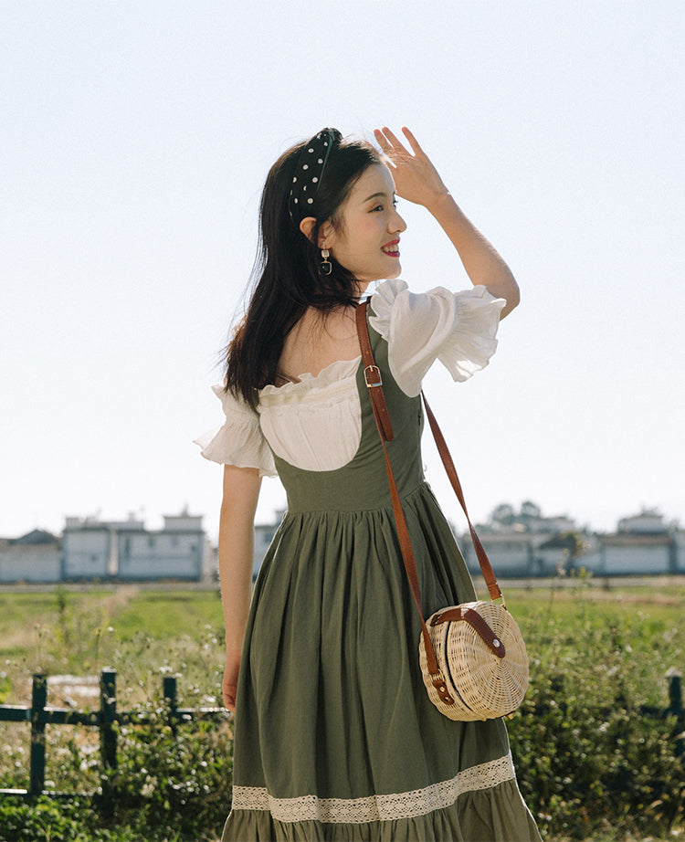 Country Maiden Lace Up Dress (Olive)