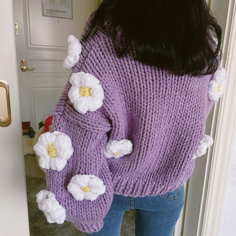 Chunky Daisy Cropped Cardigan (Purple)