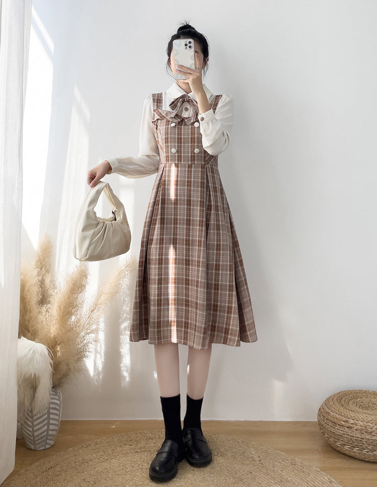 Cocoa Plaid Twofer Midi Dress (Cream/Brown)