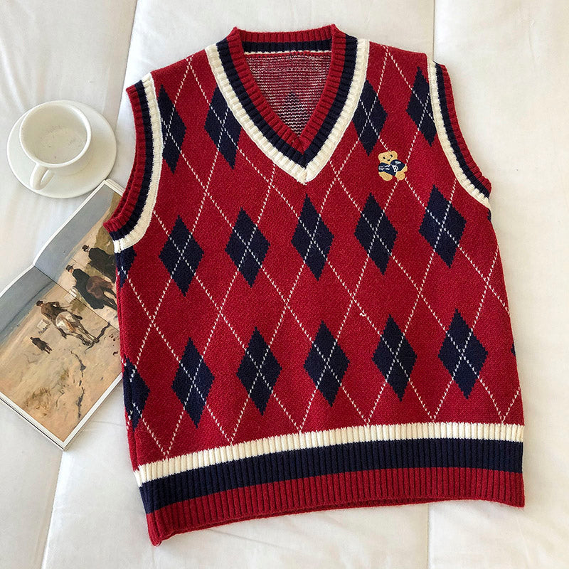 Bear Plaid Sweater Vest (3 Colors)
