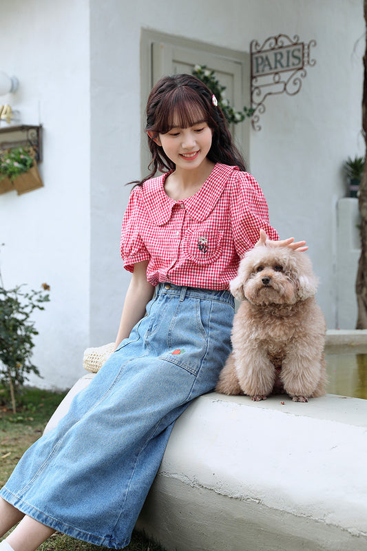 Daisy Pocket Gingham Blouse (Red)