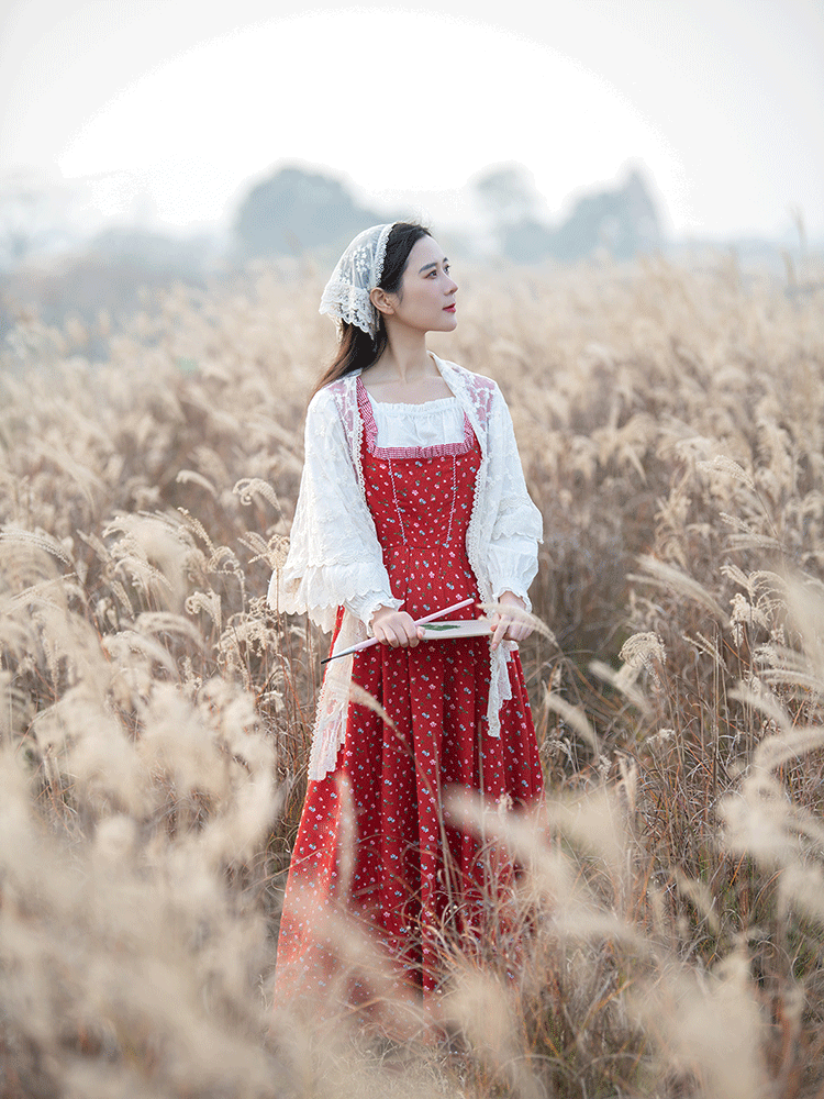 Floral Gingham Folk Dress (Red/White)