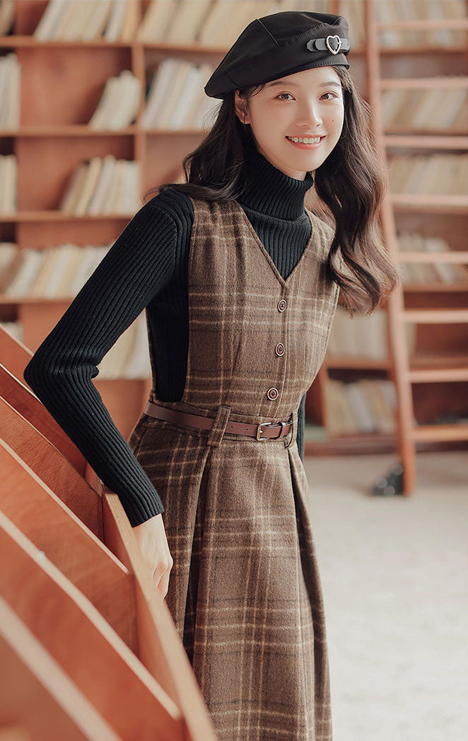 Coffee Plaid Midi Pinafore Dress (Brown)