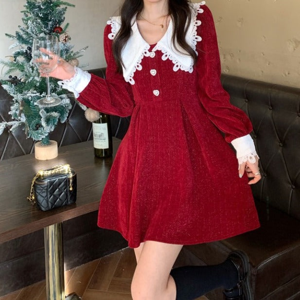 open lace back dress Sweet Love Peter Pan Knit Dress (3 Colors) Red / S