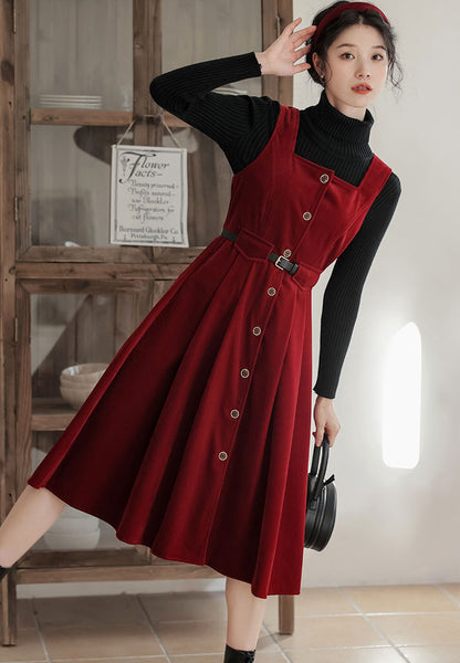 Button Up Corduroy Pinafore Dress (2 Colors)