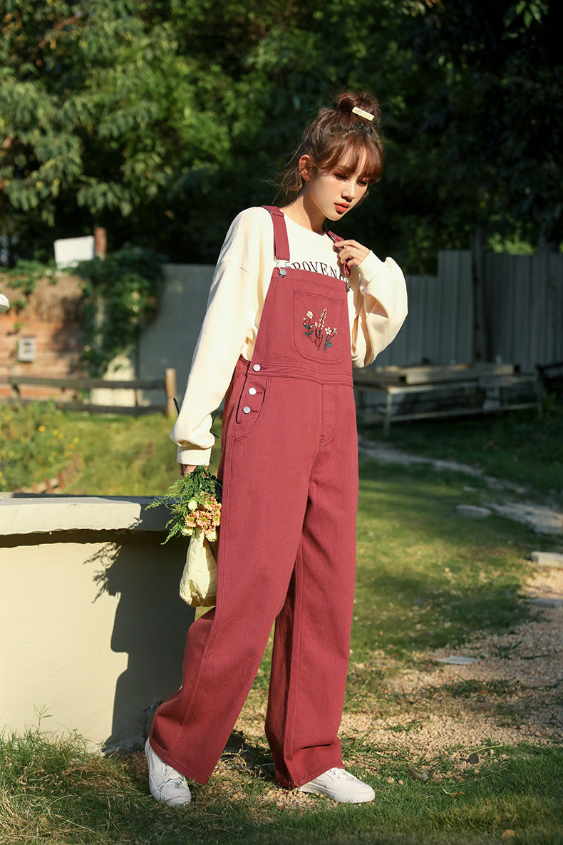 Wildflower Embroidered Overalls (Berry)