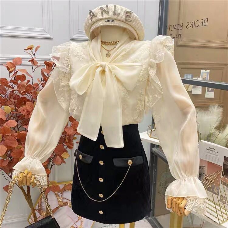 Ruffle Lace Tie Neck Blouse (Cream)