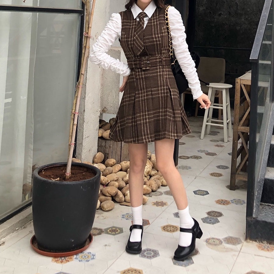 Coffee Plaid Pinafore Dress / Blouse (Brown)