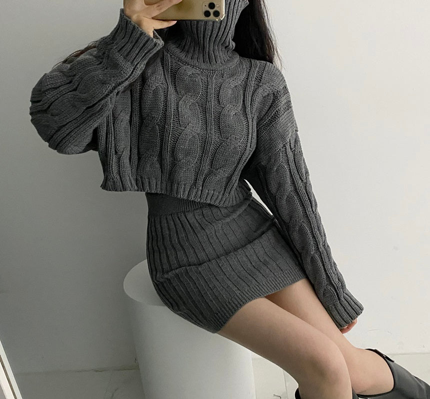 Turtleneck Cable Knit Cropped Sweater & Skirt Knit Set (4 Colors)