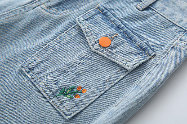 Embroidered Button Pocket Shorts (Light Denim)