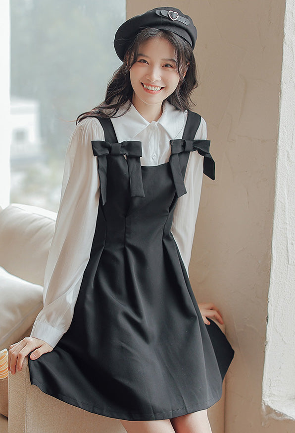 Little Bow Mini Pinafore Dress Set (2 Colors)