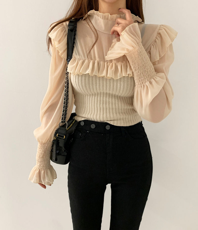 Ruffle High Neck Mixed Shirt (2 Colors)