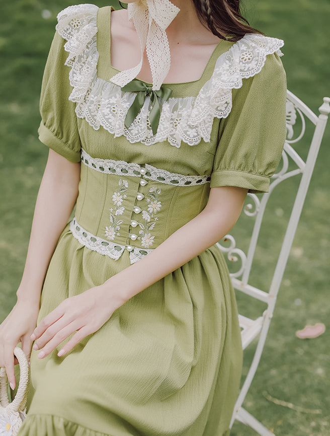 Matcha Daisy Corset Midi Dress (Green)