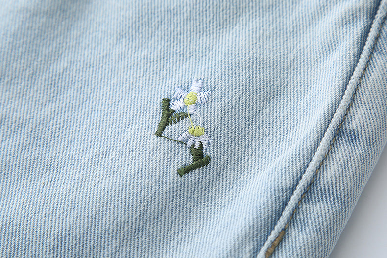 Summer Flowers Embroidered Shorts (Light Denim)
