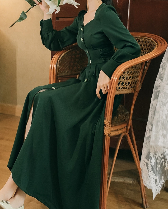 Emerald Button Midi Dress (Hunter Green)