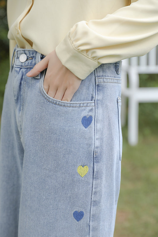 Retro Hearts Embroidered Jeans (Light Denim)