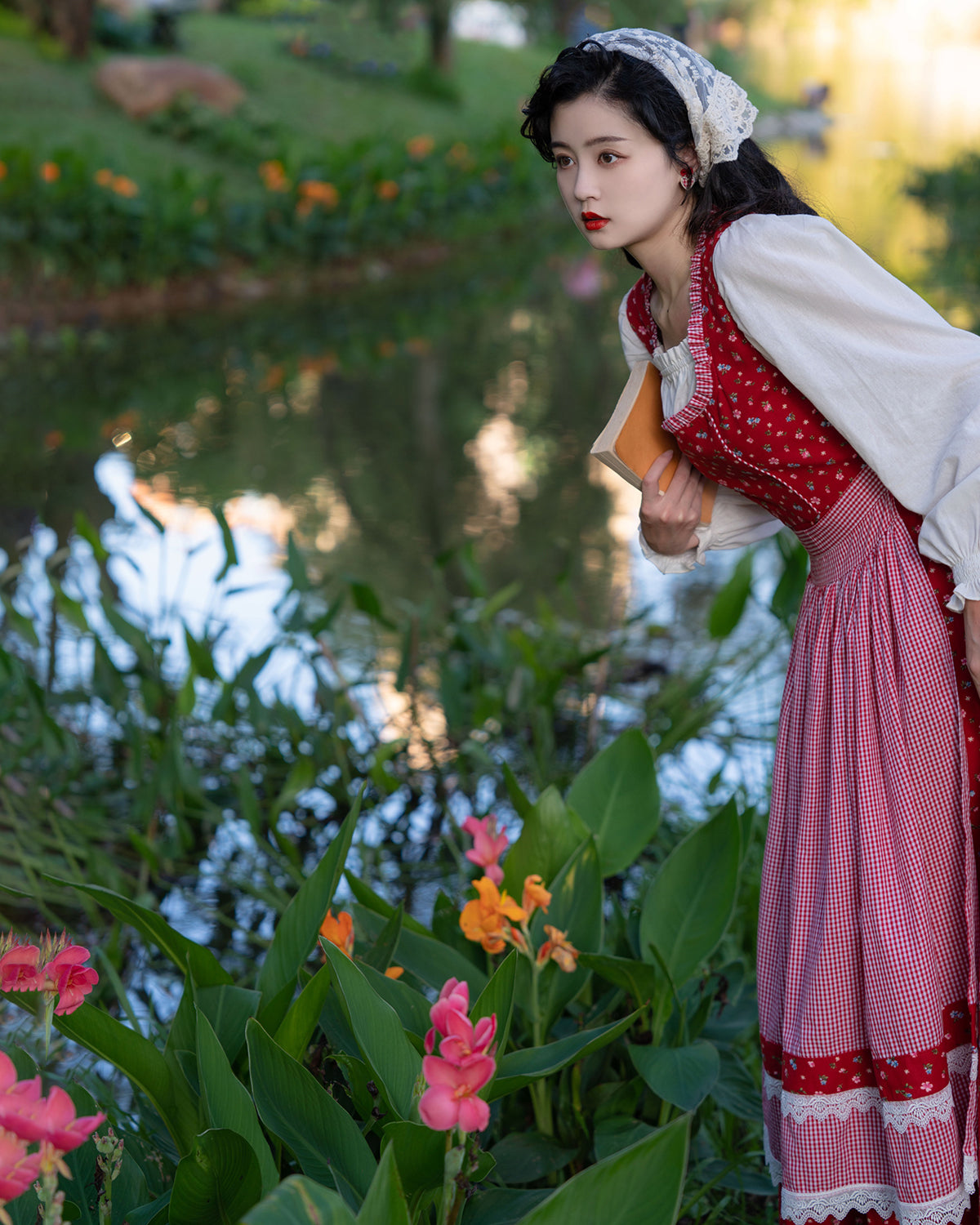 Floral Gingham Folk Dress (Red/White)