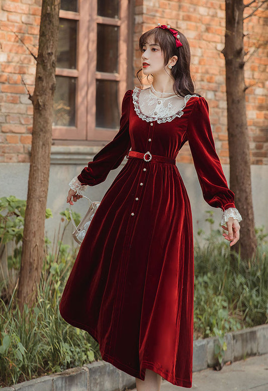 Velvet Lace Midi Dress (Red)