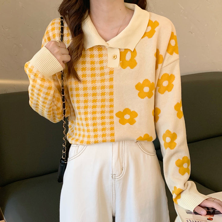 Gingham Daisy Polo Sweater (2 Colors)