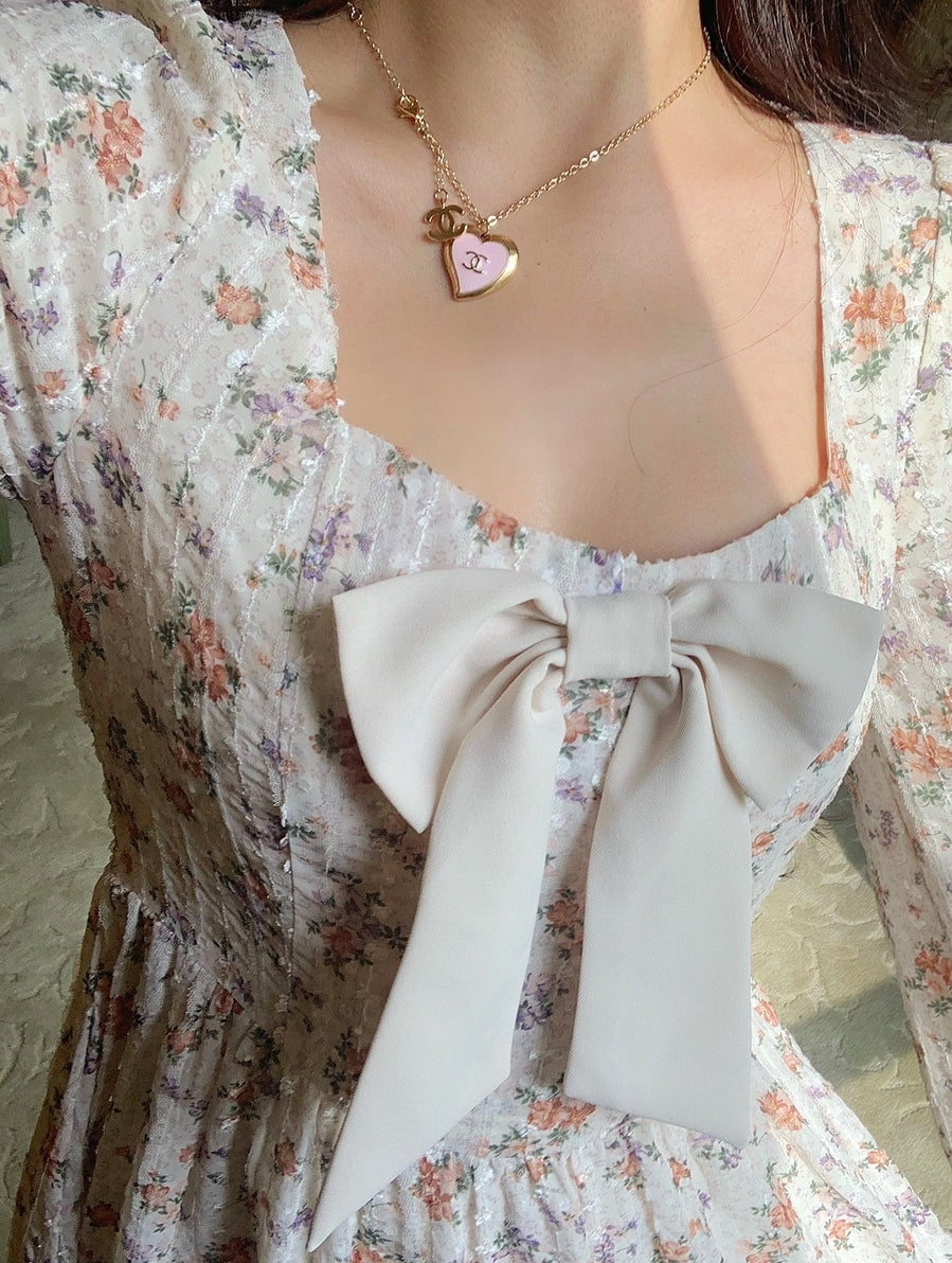 Sweet Bow Floral Midi Dress (Cream)