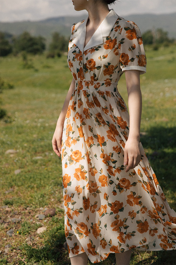 Sunset Rose Collared Midi Dress (White/Orange)