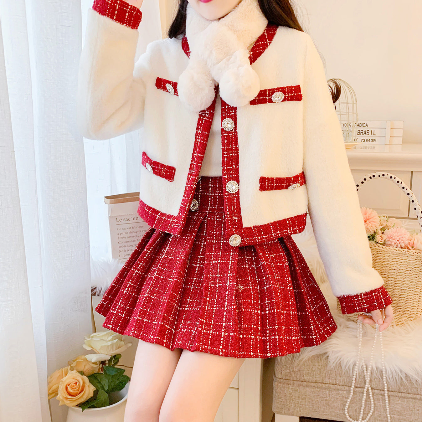 Apple Pie Fur Tweed Set (White/Red)