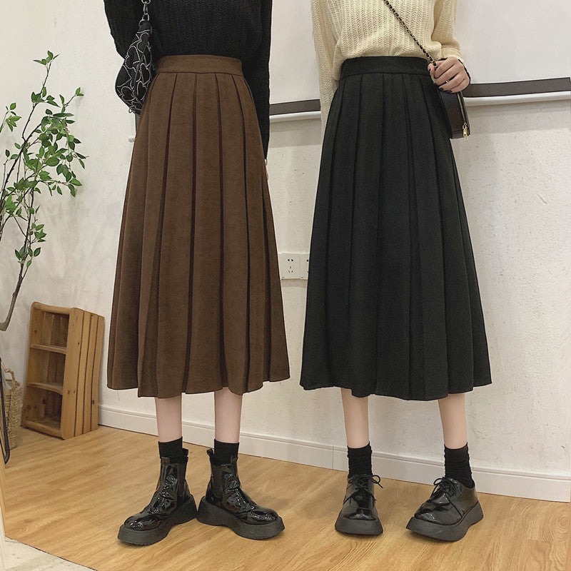 Corduroy Suede Pleated Midi Skirt (6 Colors)