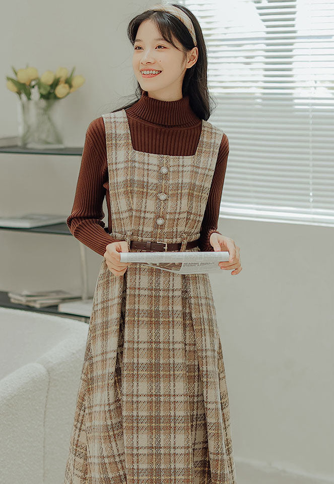 Latte Plaid Pinafore Dress (Khaki)